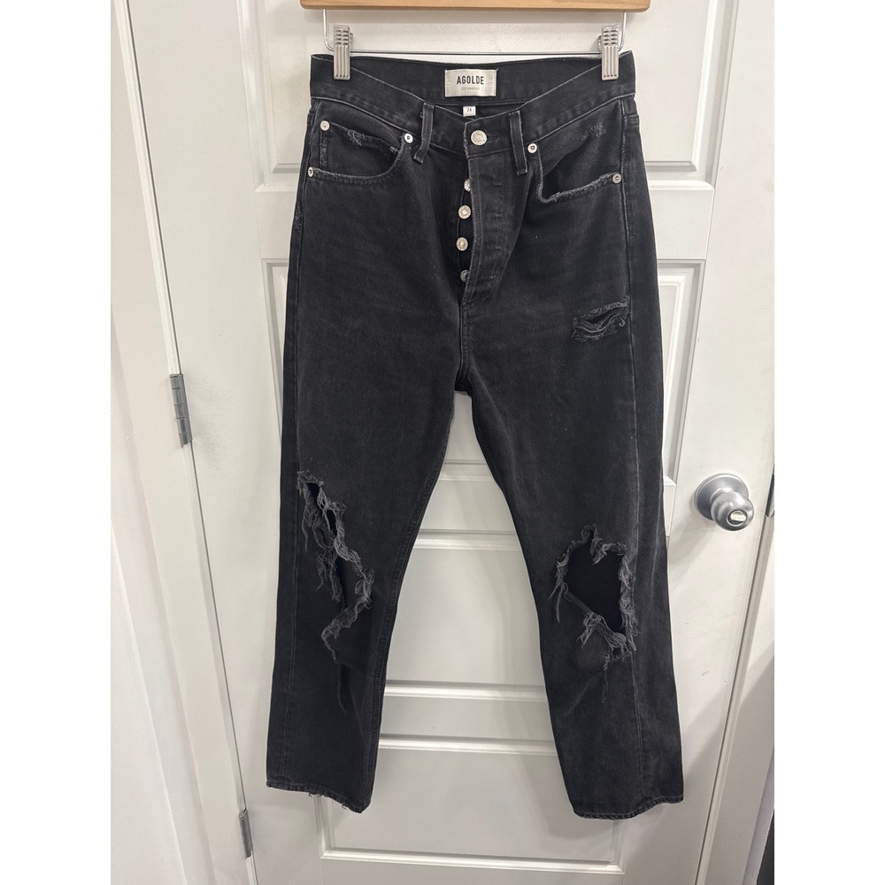 AGOLDE 90s Pinch Waist High Rise Straight Leg Distressed Black Jeans Size 24